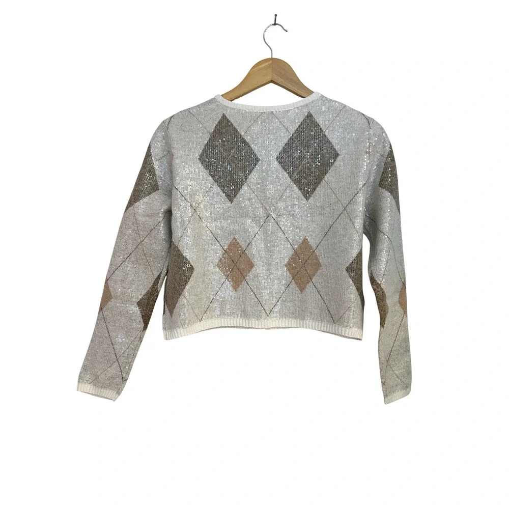Zara Women Argyle Sequin Cropped Cardigan Sweater Tan Cream Wool Blend Small